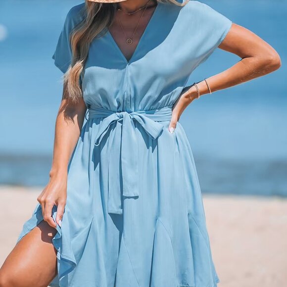 Cupshe Soft Blue Short Sleeve Surplice Mini Dress Size M | NWT | Flowy - Picture 5 of 5